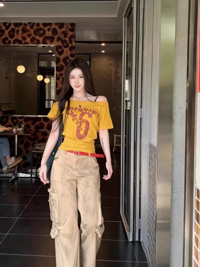 Y2k Sport Summer Off shoulder Top Women Sexy Vintage 2000s Short sleeve T shirt Lady Body Basic Crop Top Female Casual - Matrix-studios.com
