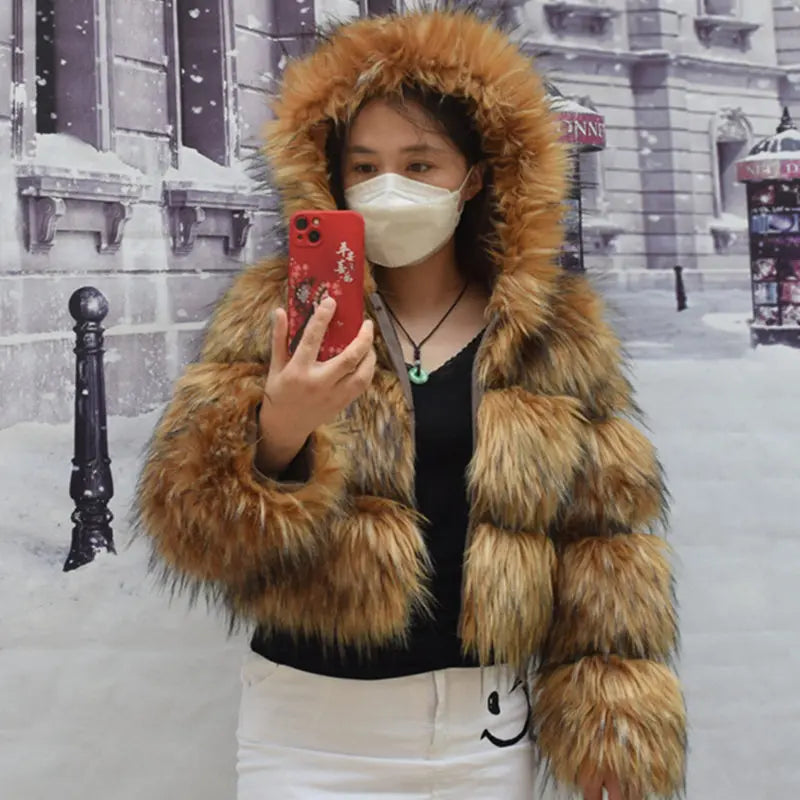 HOOOFUR Faux Fur Coat Women's Jacket Winter Fashion Warm Thick Fox Raccoon Leather Brown Plus Size Especially Fake Fur Cold - Matrix Studios
