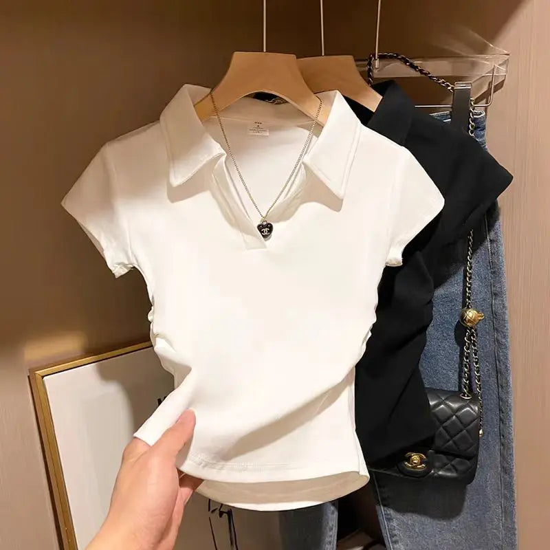 Cotton Summer Sexy Women's T Shirt Skinny Slim Basic Solid Crop Top Short Sleeve Polo TShirtCasual Top Tee for Women - Matrix-studios.com