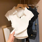 Cotton Summer Sexy Women's T Shirt Skinny Slim Basic Solid Crop Top Short Sleeve Polo TShirtCasual Top Tee for Women - Matrix-studios.com