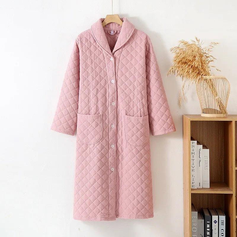 Autumn Winter Women Warm Cotton with Filler Robe Ladies Bathrobe Female Long Sleeve Dressing Gown Robes Simple Home Clothes - Matrix-studios.com