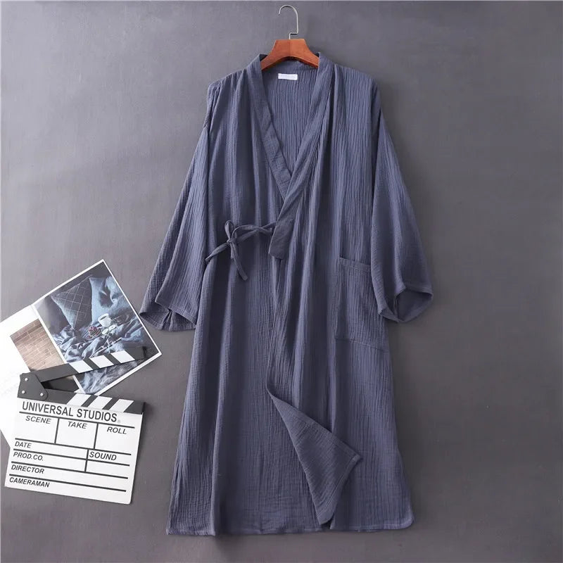 Couples Crepe Gauze Bathrobe Solid 100% Cotton Robe Long-sleeved V-neck Kimono Wedding Robes Sleepwear Plus Size Dressing Gown - Matrix-studios.com