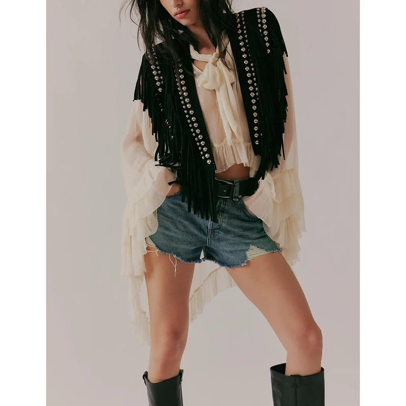 Combhasaki Women's Y2k Vintage Studded Suede Vest Coat 70s Hippie Outfits Sleeveless Open Front Tassel Patchwork Vest Collar - Matrix Studios