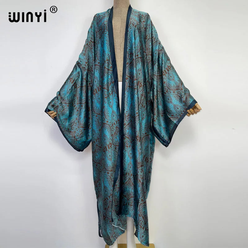 WINYI 2026 Summer Women Cardigan stitch Cocktail sexy Boho Maxi African Holiday Batwing Sleeve Silk feeling Robe kimono kaftan - Matrix Studios