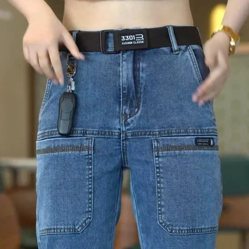 Spring Summer Thin Six Pocket Men's Jeans Elastic Straight Leg Casual Slim Fit Jeans Versatile Multi-Pocket Long Y2K Denim Pants - Matrix Studios
