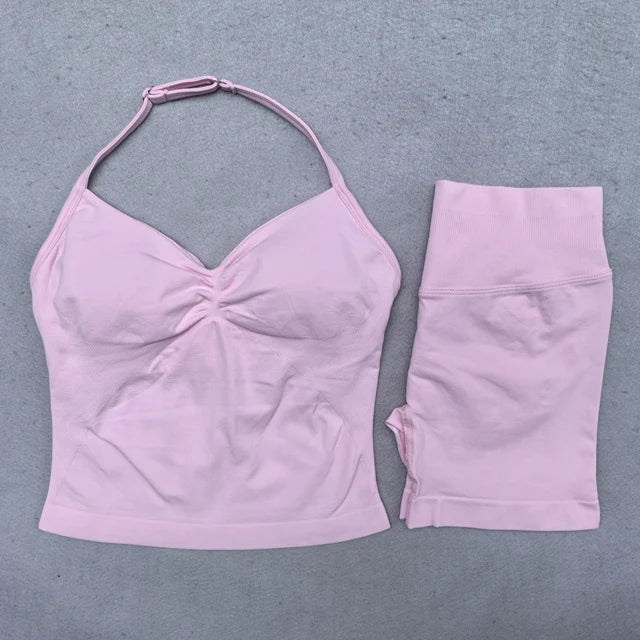 2 Pieces Yoga Set Women Backless Halter Tops High Waist Seamless Shorts Gym Suit Fitness Clothes Sportswear Workout Sets - Matrix-studios.com