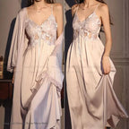 Elegant Female Long Robe Set Nightgown Silky Ice Silk Sleepwear Homewear SEXY Hollow Out Lace Nightdress Lingerie Loungewear - Matrix-studios.com