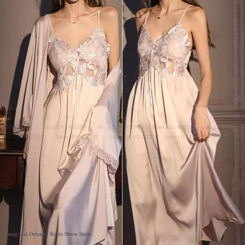 Elegant Female Long Robe Set Nightgown Silky Ice Silk Sleepwear Homewear SEXY Hollow Out Lace Nightdress Lingerie Loungewear - Matrix-studios.com