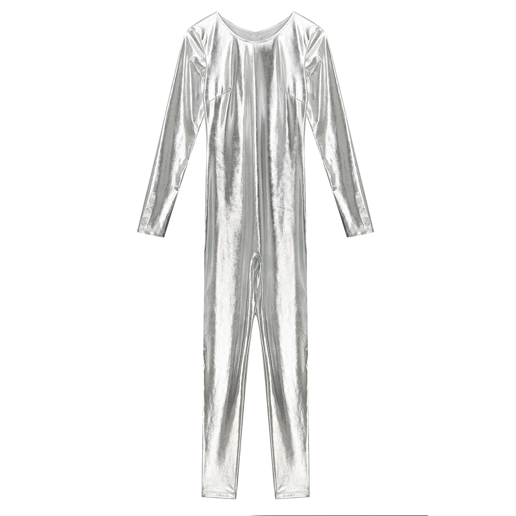 Womens Metallic Shiny Bodysuit Clubwear Long Sleeve Slim Fit Full Body Jumpsuit Nightclub Rave Party Musci Festival Costumes - Matrix Studios