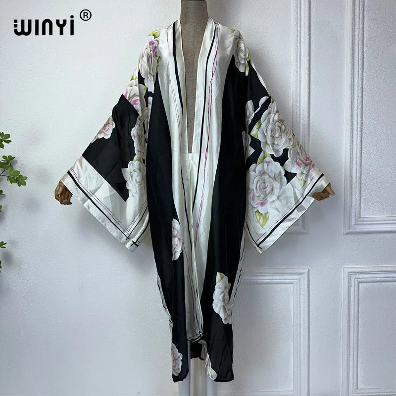 WINYI Summer Bohemian Kimono Beach Cover-Up Swim Suit Elegant African Women Boho Cardigan Sexy Holiday Long Sleeve Beach Dress - Matrix Studios