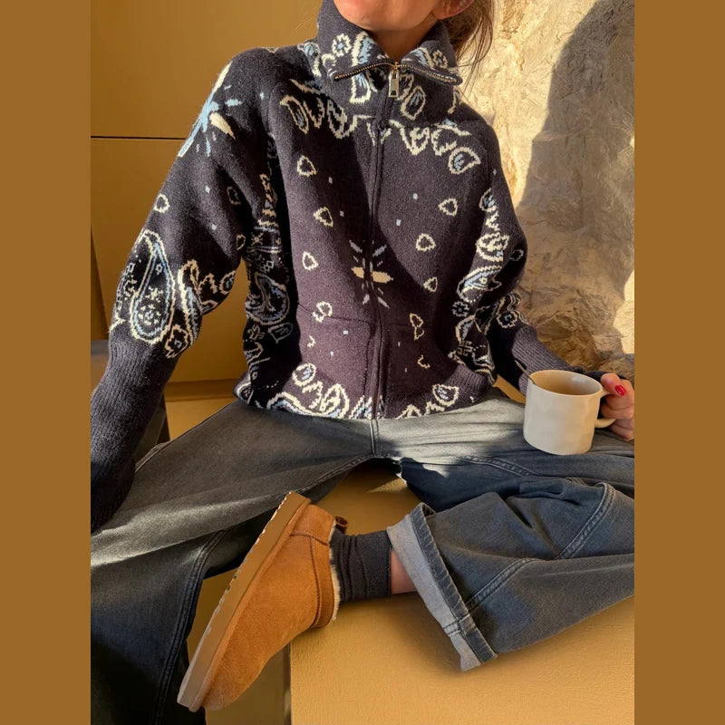 Jacquard Cardigan Women V-Neck Tie Waist Cardigans Long Sleeve Knit Sweater Waist Cuff Casual Autumn Fashion Trendy Streetwear - Matrix Studios