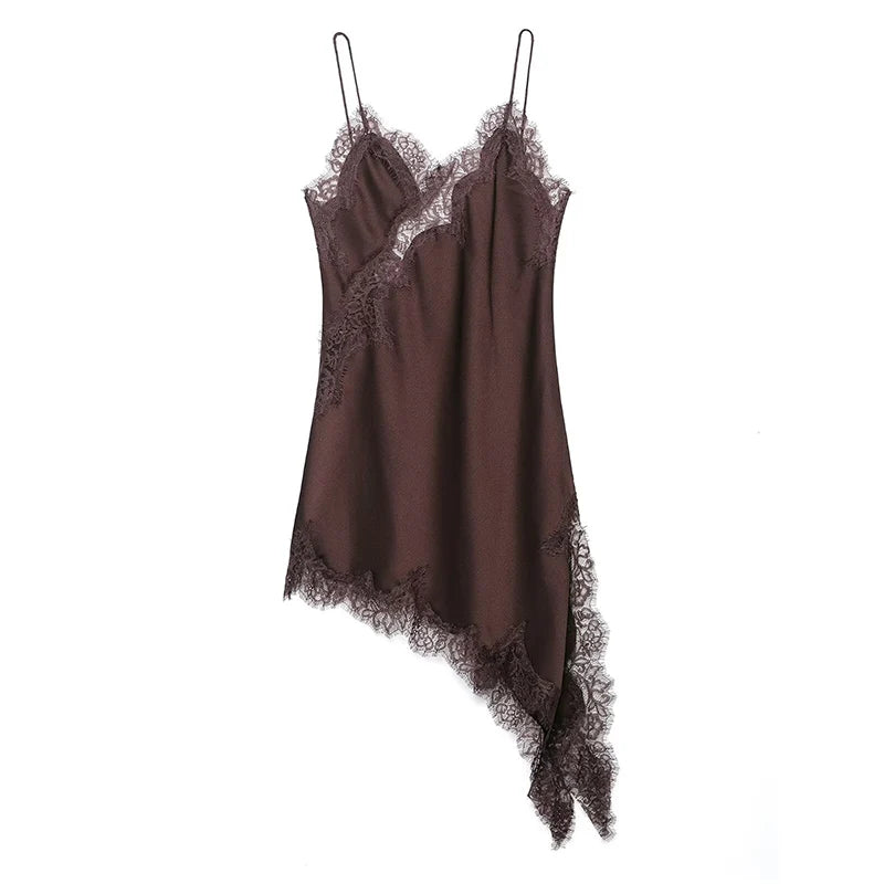Satin Sexy Lace Spliced Short Sling Dress Women Sleeveless Backless Asymmetric Sexy Party Dresses 2026 Summer Lady Dress ﻿ - Matrix-studios.com