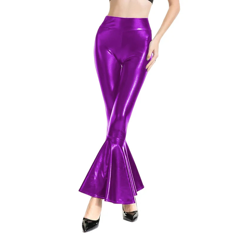Women Shiny Flare Trousers Metallic Bell Bottoms Ruffle Wide Leg Pants Retro 70s Retro Disco Costume Stage Prom Club Trouser