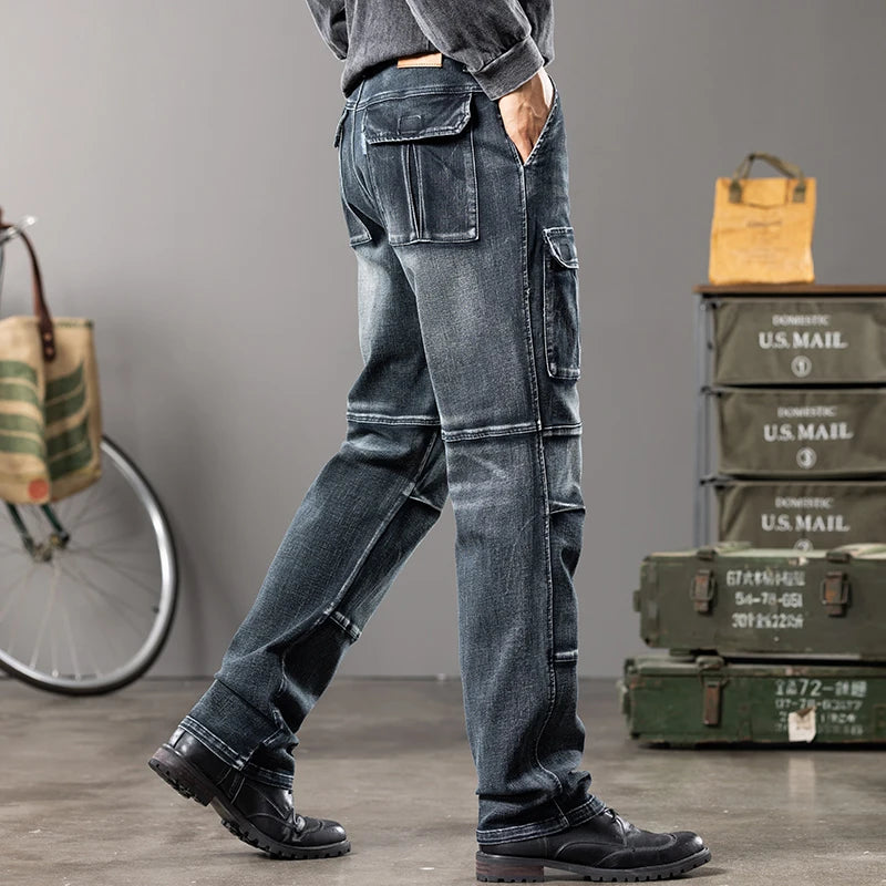 Autumn and winter new styles Men's Outdoor Wide Leg Workwear Multi-Pocket Jeans Straight fit plus size men's jeans  42 44 - Matrix Studios