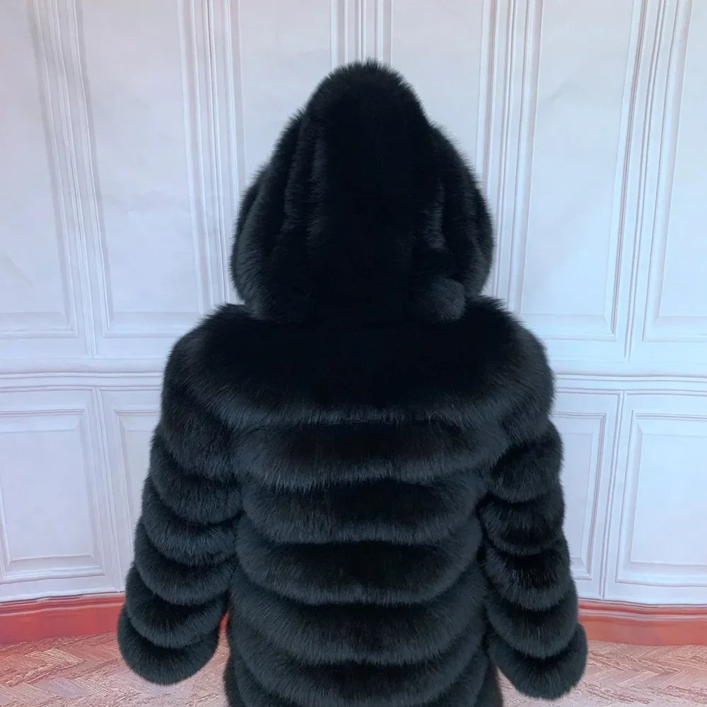 QUEENTINA Hood Fur Coat Women Real Fox Long New Luxury Female Natural Leather Jacket Warm Thick Long Winter Fur Vest Waistcoat - Matrix Studios