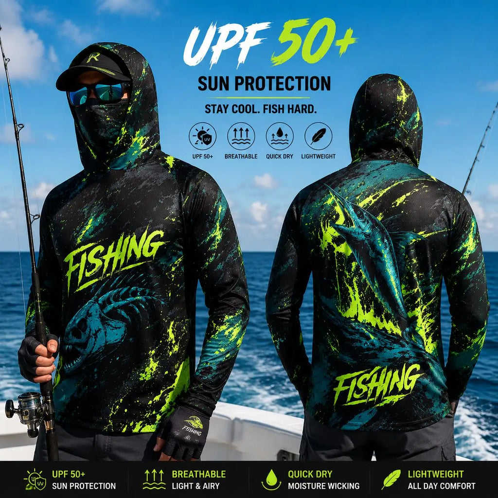 Men's Hooded Fishing Shirt UPF Sun Protection Breathable Long Sleeve Quick Dry Outdoor Angling Jersey With Face Cover - Matrix Studios