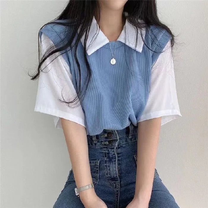 New Women Polo Shirt Summer Women Fake Two-Piece Color-Blocked Short Sleeve Loose Top Girls Casual Basic Shirt Adult Polo Shirt - Matrix-studios.com