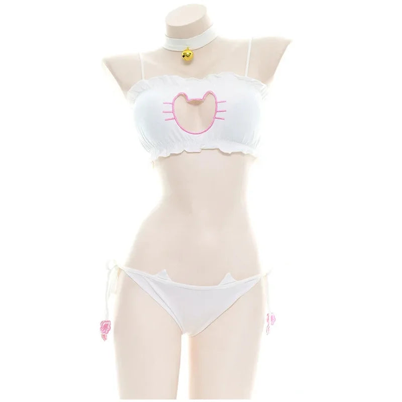 Japanese Anime Cat Cosplay Uniform Bra Panties Set Women Intimates Kawaii Lolita Hollow Out Sexy Lingerie Underwear Set - Matrix-studios.com