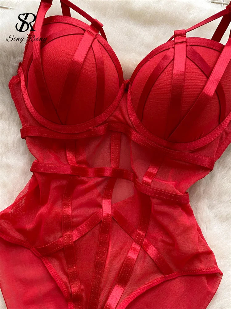 SINGREINY Women Corset Slim Sexy Bodysuits Sleeveless Gauze Short Playsuits Fashion Open Crotch Underwear Camis Solid Rompers - Matrix Studios