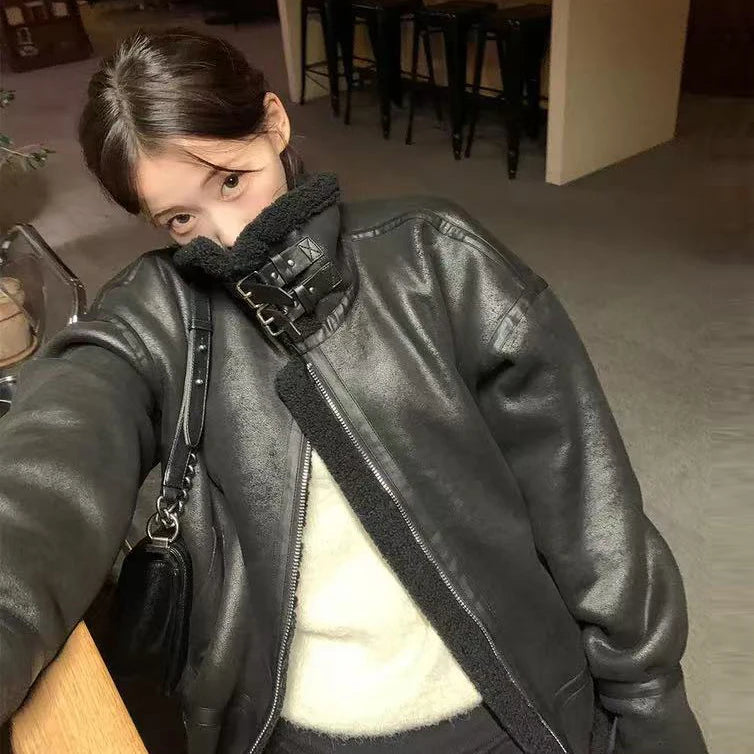 Korean Style Female Luxury Coats Zipper Fly Turtleneck Thick Warm Women Cashmere Fur Jacket Zipper Fly Pu Leather Patchwork Coat - Matrix Studios