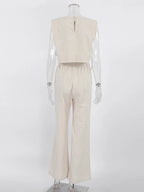 Spring Summer 2025 Women Holiday Linen Pant Set Crop Tops Solid Outfits 2 Two Piece Matching Set For Women - Matrix-studios.com