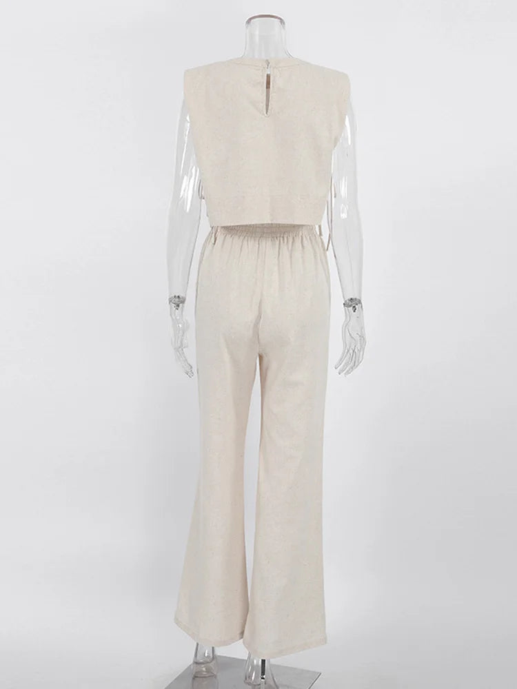 Spring Summer 2025 Women Holiday Linen Pant Set Crop Tops Solid Outfits 2 Two Piece Matching Set For Women - Matrix-studios.com