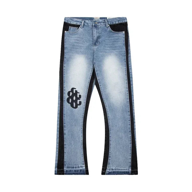 American retro washed letter spliced denim trousers high street trendy brand couple loose straight micro-flared long trousers - Matrix Studios