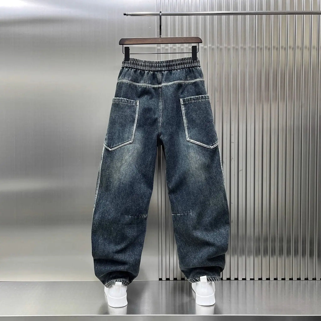 Spring Autumn 2025 New Splicing Cutting Elastic Waist Large Size Boys Washed Loose Wide Leg Big Pocket Scimitar Drawstring Jeans - Matrix Studios