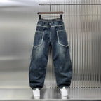 Spring Autumn 2025 New Splicing Cutting Elastic Waist Large Size Boys Washed Loose Wide Leg Big Pocket Scimitar Drawstring Jeans - Matrix Studios