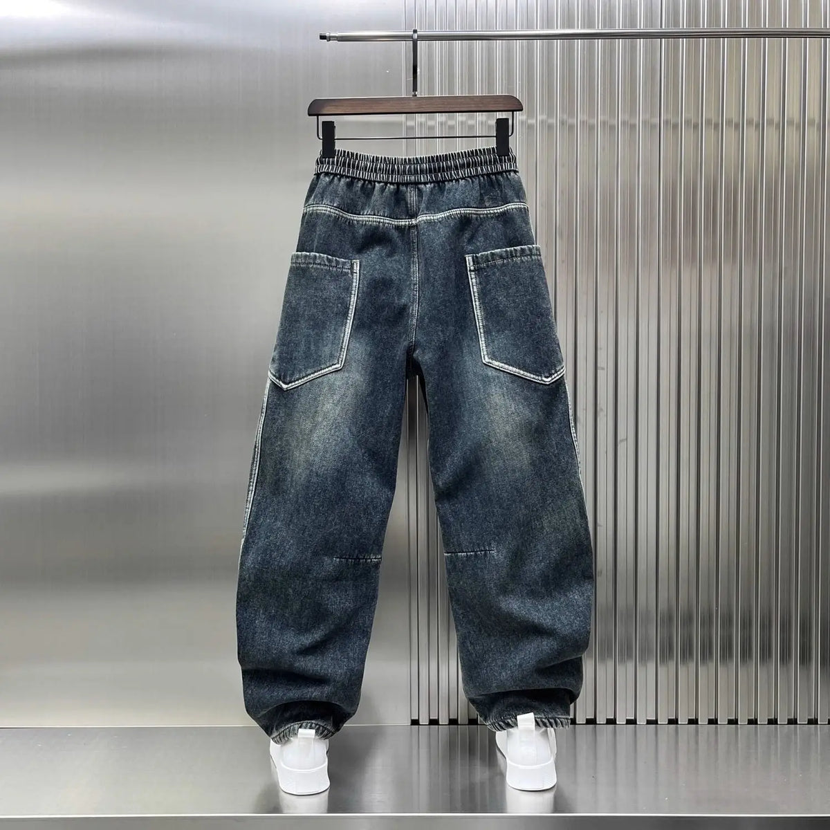Spring Autumn 2025 New Splicing Cutting Elastic Waist Large Size Boys Washed Loose Wide Leg Big Pocket Scimitar Drawstring Jeans - Matrix Studios