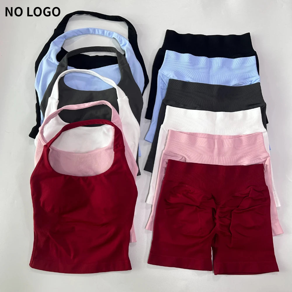 No Logo 2 Pieces Gym Set Women Backless Halter Tops High Waist Seamless Shorts Gym Suit Fitness Clothes Sportswear Workout Sets - Matrix-studios.com