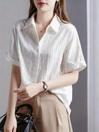 Women's Casual White Blouse, Short Sleeve V-Neck Shirt, Business Office Workwear, Breathable Textured Blouse - Matrix-studios.com