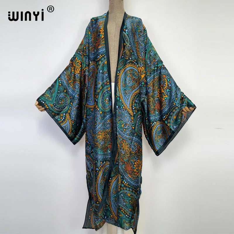 WINYI 2026 Summer Women Cardigan stitch Cocktail sexy Boho Maxi African Holiday Batwing Sleeve Silk feeling Robe kimono kaftan - Matrix Studios