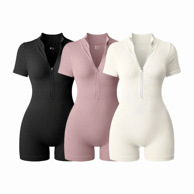 2025 Yoga Jumpsuit Summer Short Sleeve Zipper Sports Wear Gym Fitness Sports Bodysuits Women Fashion Running Yoga Fitness Suit - Matrix Studios