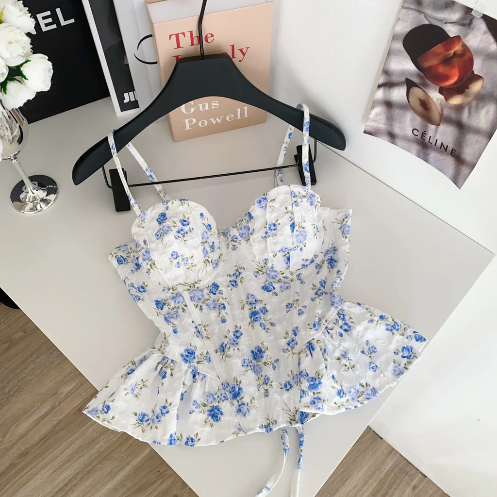 Sexy Slim  Corset ruffle print Chic Korean Camis Tank Top Basic Fashion Off Shoulder Summer Women Clothing - Matrix-studios.com