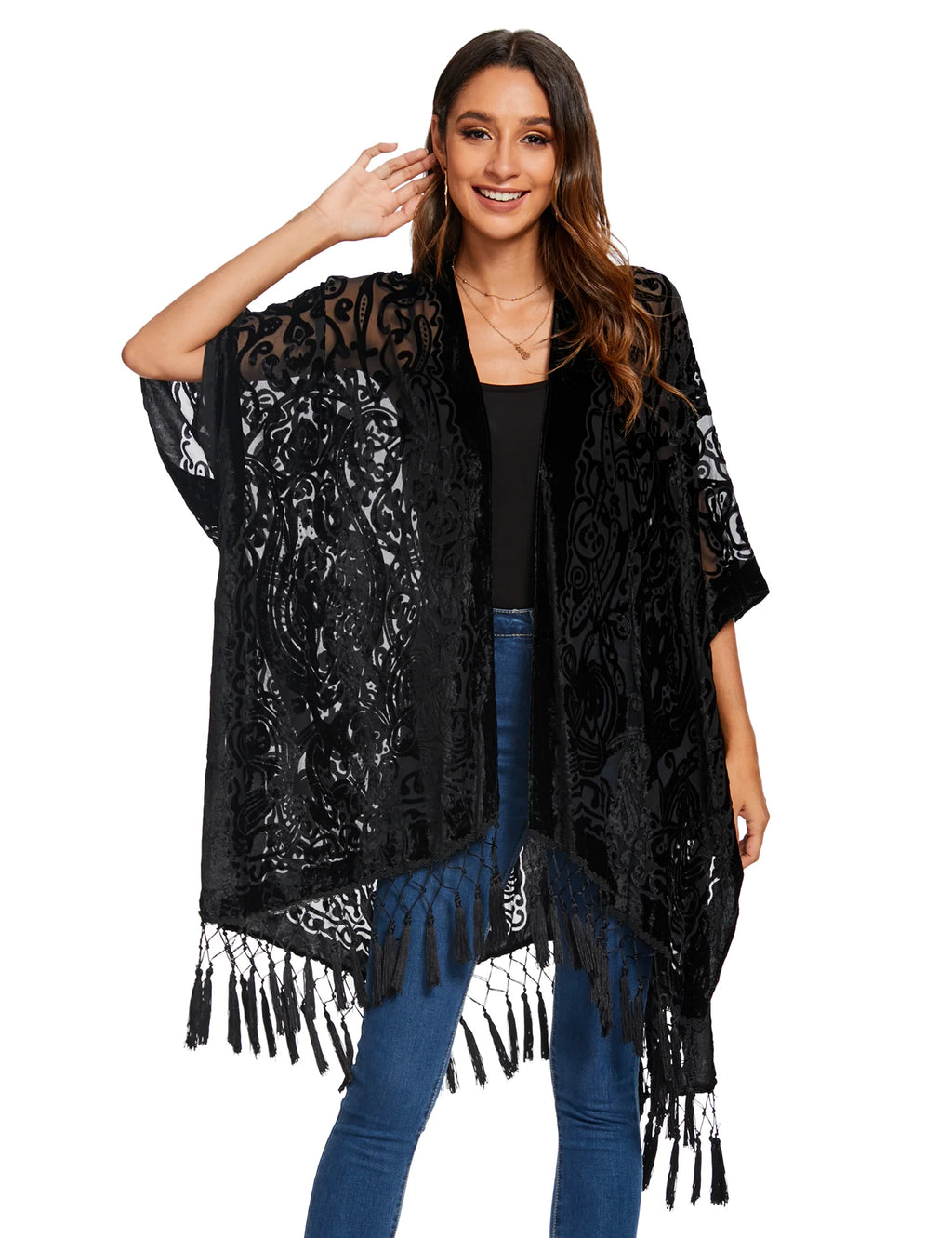 WeHello Burnout Velvet Kimono For Women Luxury Fashion Long Cardigan With Tassel Beach Cover-up Holiday Cardigan Shawl - Matrix Studios