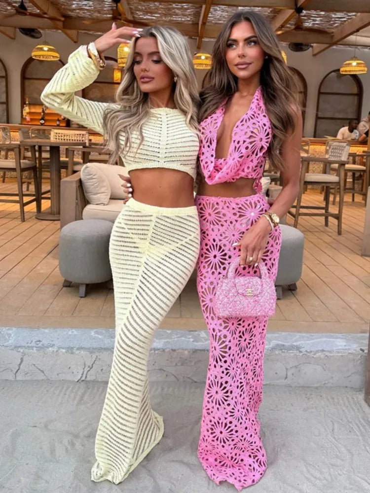 Swimwear Skirt Cover-up 2 Piece Set Women Crop Tops And Maxi Skirt Bathing Suit Fashion Solid Hollow Sexy Beach Cover Up Outfits - Matrix Studios