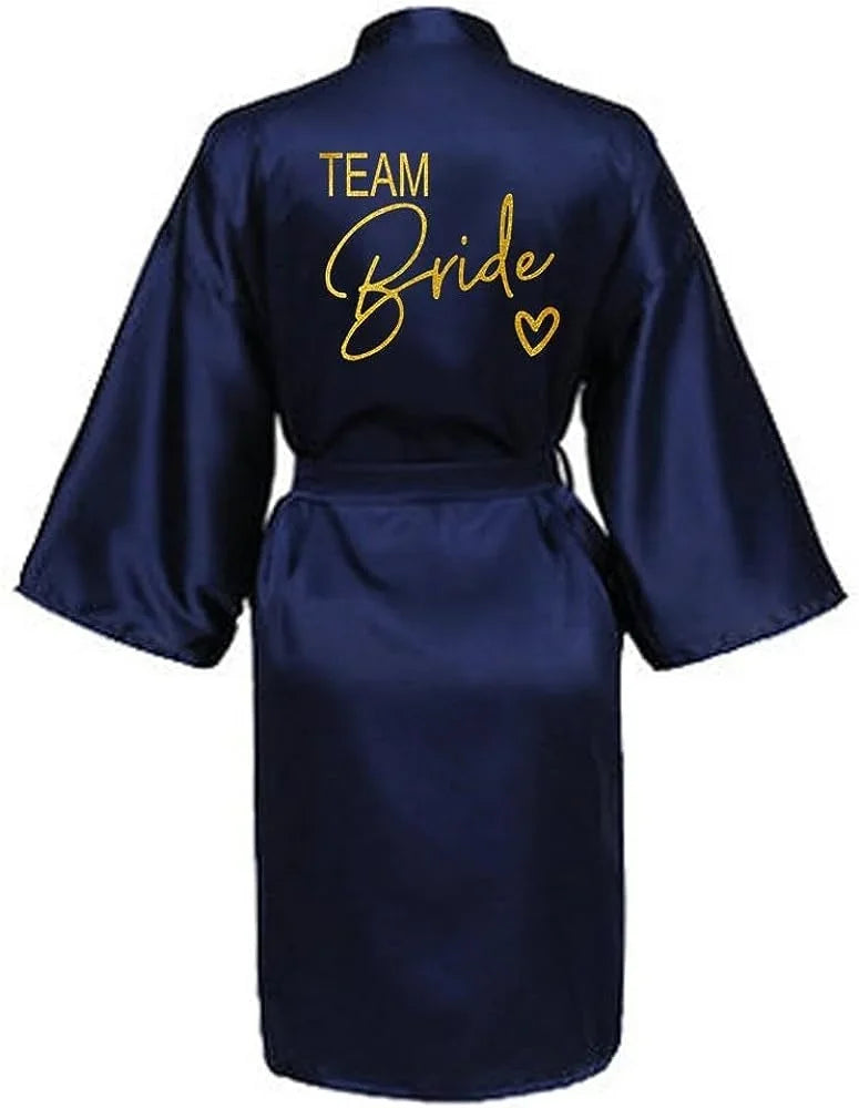 Wedding Party Team Bride Robe Kimono Satin Pajamas Bridesmaid Bathrobe Gold Letter SP089 - Matrix-studios.com