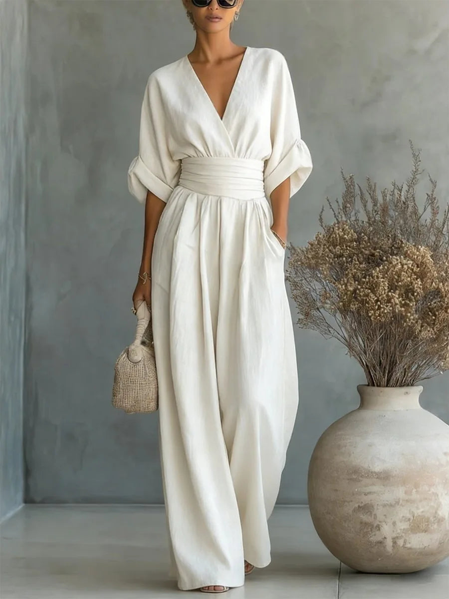 Women's Jumpsuit Fashion High Waist V-neck Jumpsuits for Woman Sexy White Office Wide Leg Trousers Overalls Vacation Outfit New - Matrix Studios
