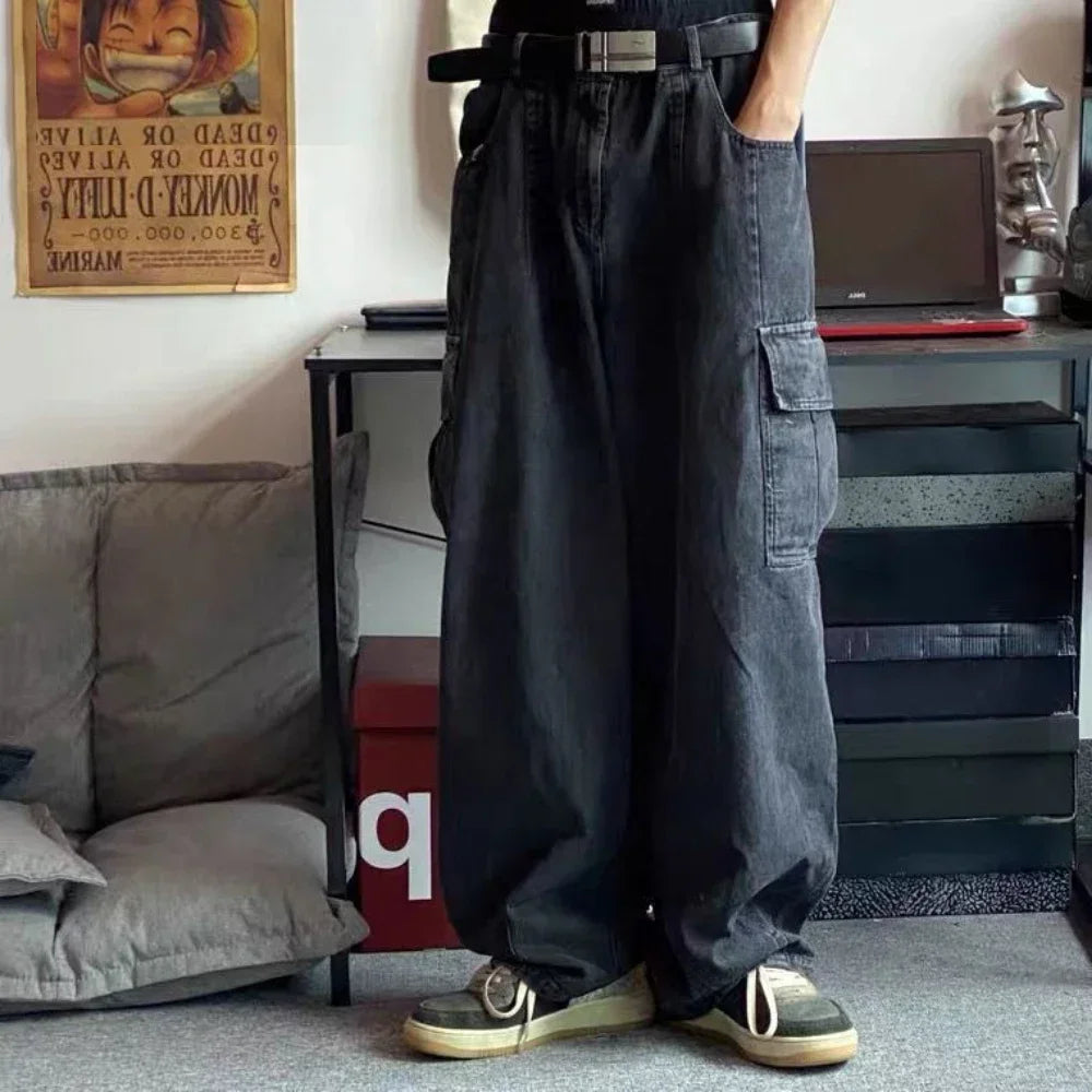 Baggy Jeans Men's Oversize Cargo Korean Black Wide Pants Streetwear Hip Hop Harajuku Male Fashion Straight Denim Pants - Matrix Studios