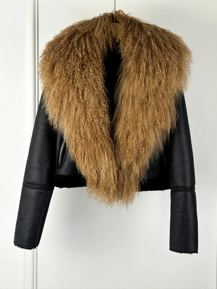 Janveny 2026 Winter Warm Faux Leather Sheepskin Coat Women Large Real Wool Fur Collar Zipper Slim Biker Pu Leather Short Jacket - Matrix Studios