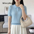 WinvyNee Women's Clothing 100% Cotton Twist Polo Two Button Short Sleeve T-Shirt Cool Spring Summer Slim Fit Basic Top ZA1002027 - Matrix-studios.com
