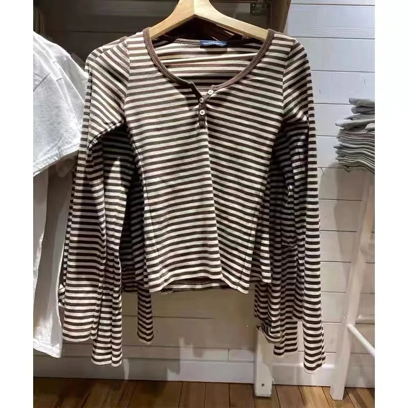 Pink Striped Slim Long Sleeve Tees Women Spring Casual Cotton O-neck Tshirt New Tops Clothes Sweet Cute  Vintage T-shirts Y2K - Matrix-studios.com