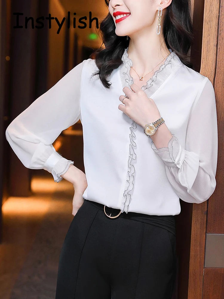 Elegant Women Chiffon Shirt Korean Blouse Office Lace Mesh Long Sleeve Ruffles V NeckTops Casual Vintage Pullovers Blusas 2022 - Matrix-studios.com