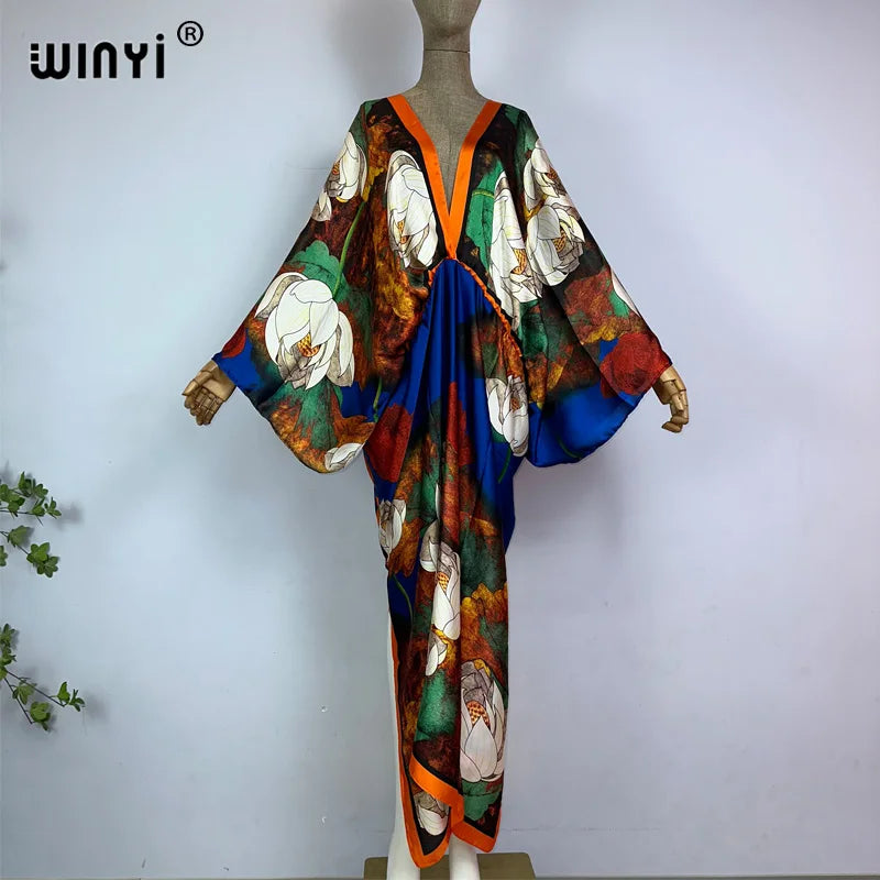 WINYI New Fashion Bohemian Deep V-neck Floral European For Lady Free Size Loose Batwing Holiday Beach Cover Up Party Kaftan Dres - Matrix Studios
