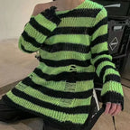 New Streetwear Top Punk Gothic Long Unisex Sweater Summer Women Striped Cool Hollow Out Hole Broken Jumper Loose Rock Thin Dark - Matrix Studios