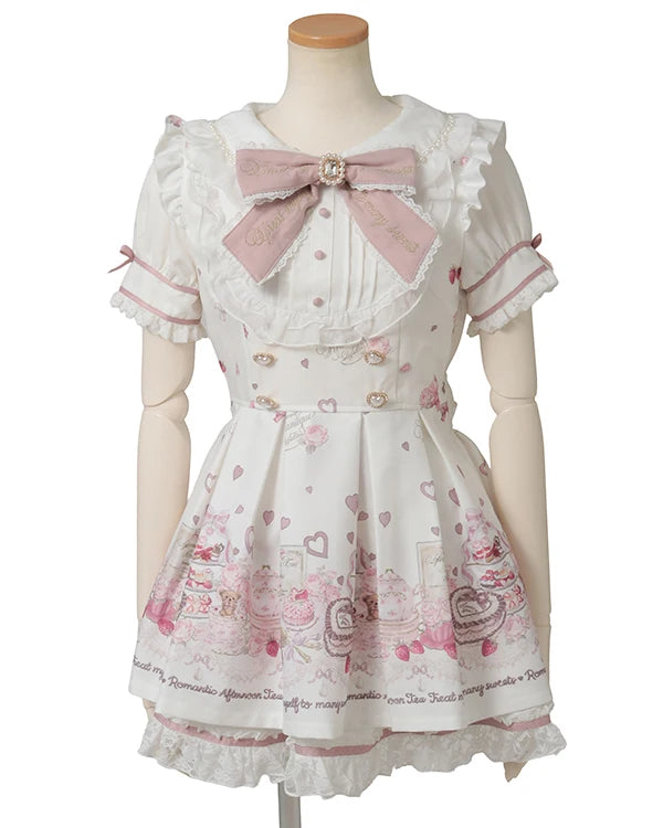 Summer Y2K Harajuku Japanese Subculture Kawaii 2 Piece Set Women's Short Sleeve Bow Printed Dress + Lace Mini Skirt Sweet Outfit - Matrix-studios.com