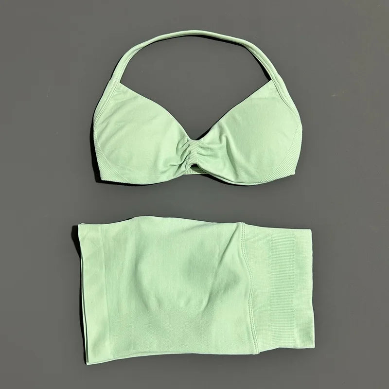 HISTELLO Gym Set 2 Piece Women Strappy Yoga Bra Top Workout Scrunch Shorts Sports Suit Fitness Clothes Seamless Yoga Set - Matrix-studios.com