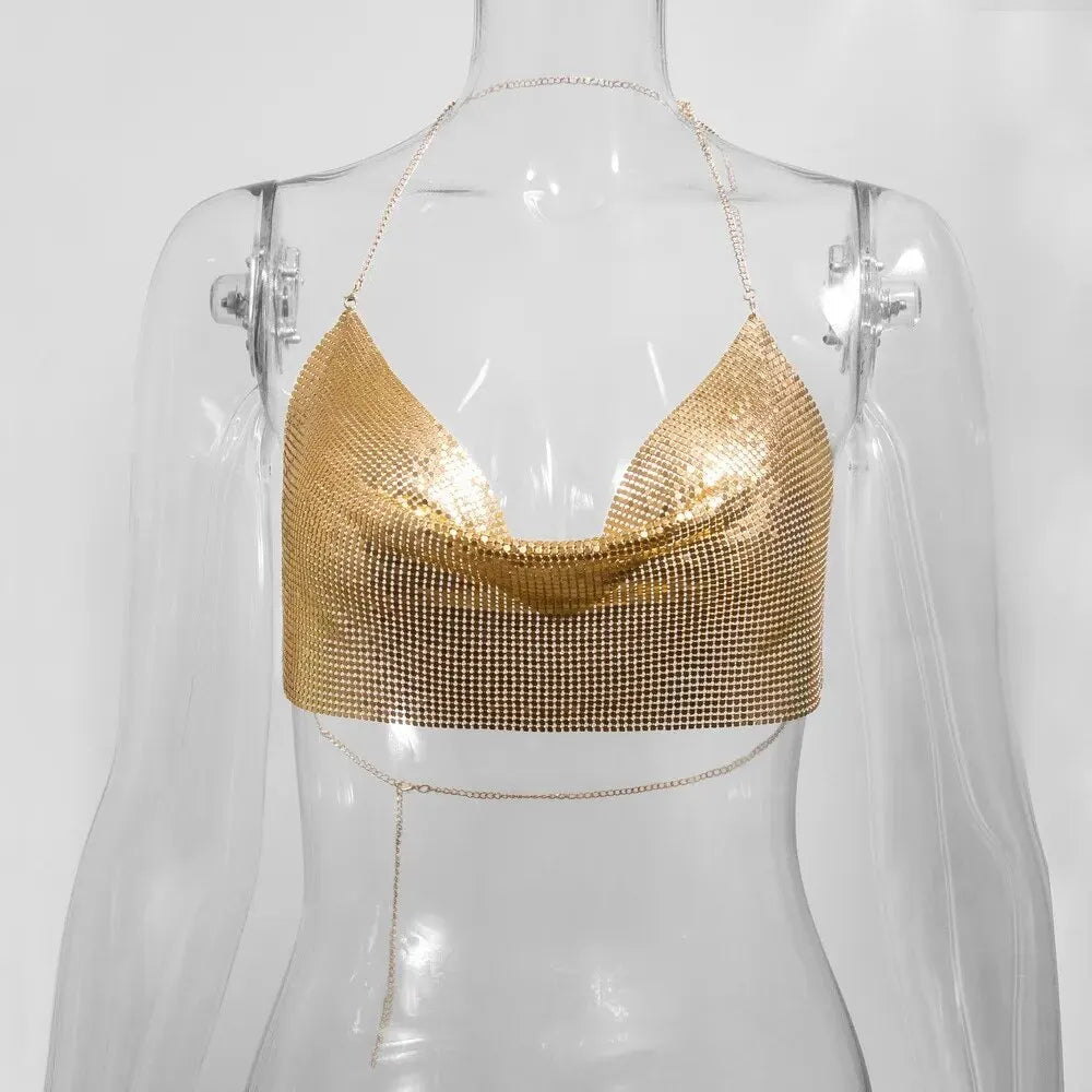 Sexy Summer Sequin Metal Crop Tops Suspenders Halter Backless Night Club Tank Top 2024 New Women Clothing Fashion Y2k Tops - Matrix-studios.com