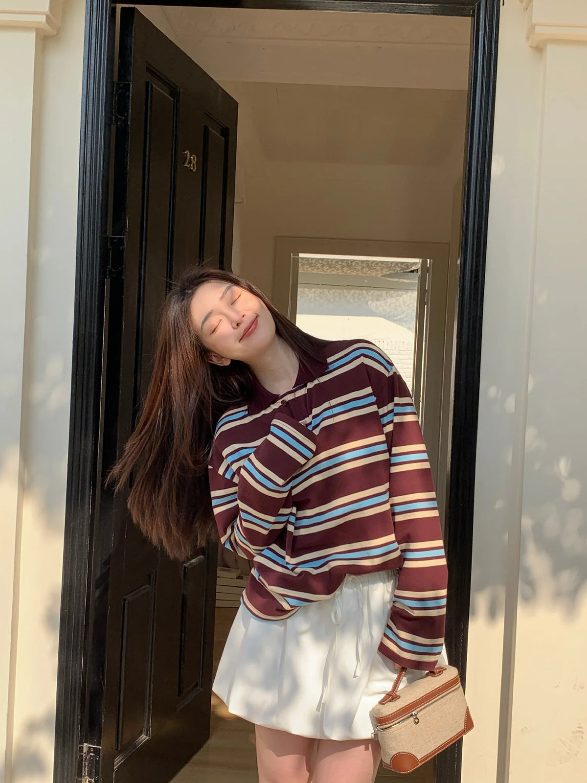 Summer Polo Shirts Woman Long Sleeve Crop Top Color Block Green Stripe Print Polo Shirts Mujer Casual Tops Striped Brown Autumn - Matrix-studios.com
